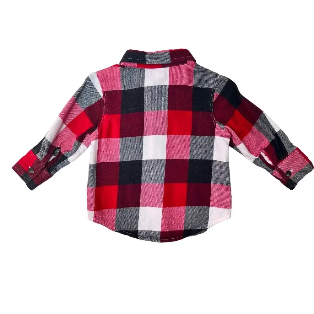 Old Navy Flannel Shirt Boys 12-18M Red Plaid Cotton Long Sleeve Button
